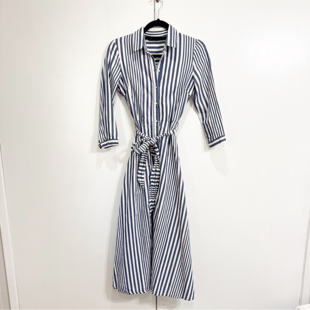 Zara Blue and White Vertical Stripe Midi Shirt Dress with Waist Tie
